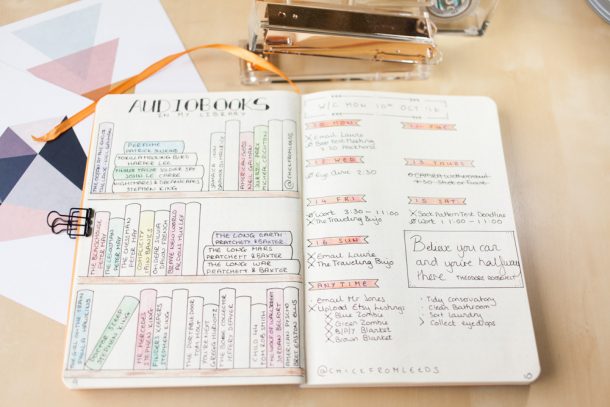 An illustrated bookshelf spread in a bullet journal, showcasing books and audiobooks with creative labels.