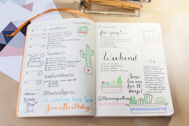 An open bullet journal showing a weekly spread with colourful cactus doodles, a to-do list, and creative lettering.