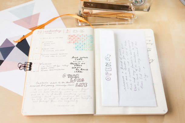 A fold-out section in a bullet journal with handwritten gratitude entries and colourful decorative elements.